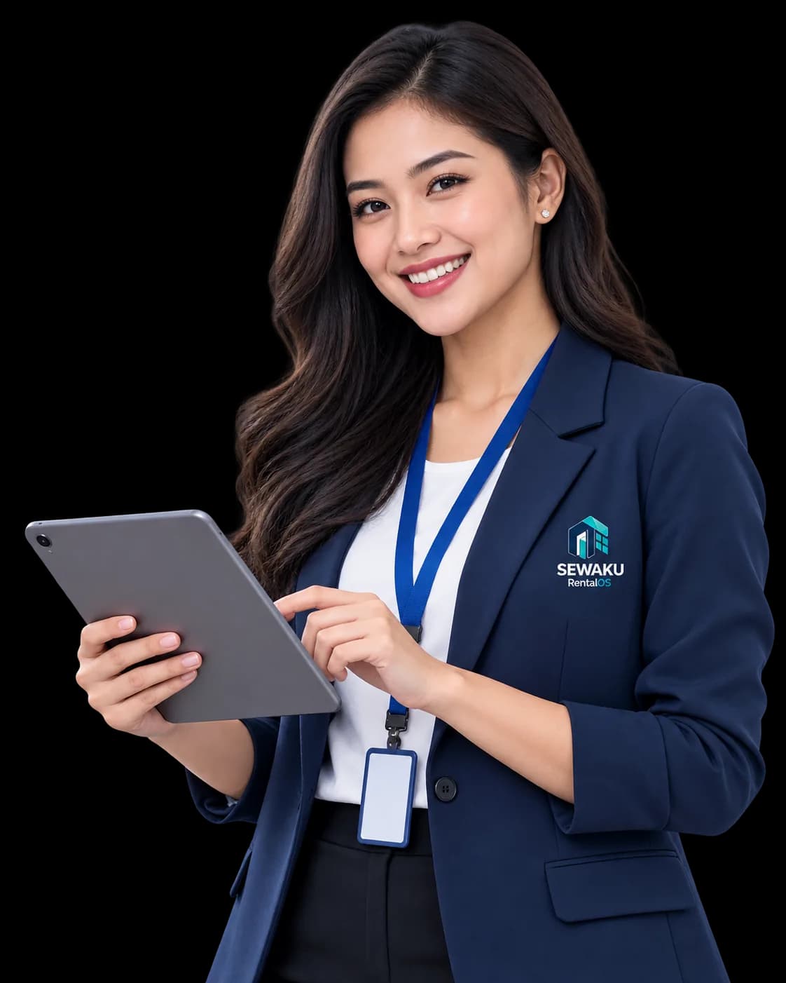 Petugas RentalOS menyambut dengan tablet di tangan